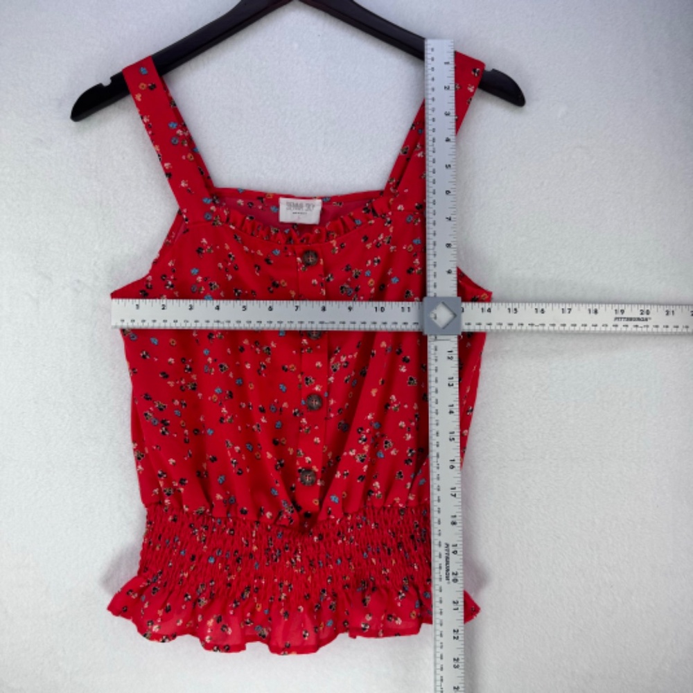 SIENNA SKY CropTop Women Sz S Red Floral Ruffle neckline Elastic Smocked Waist - Picture 3 of 4